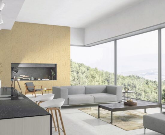 Modern living room and kitchen interior with nature view