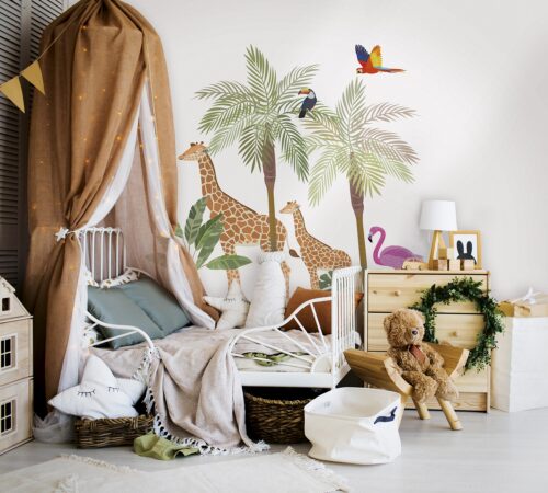 Stylish scandinavian baby room with crib, dresser, wooden toys and lamp. zero waste. eco-friendly materials